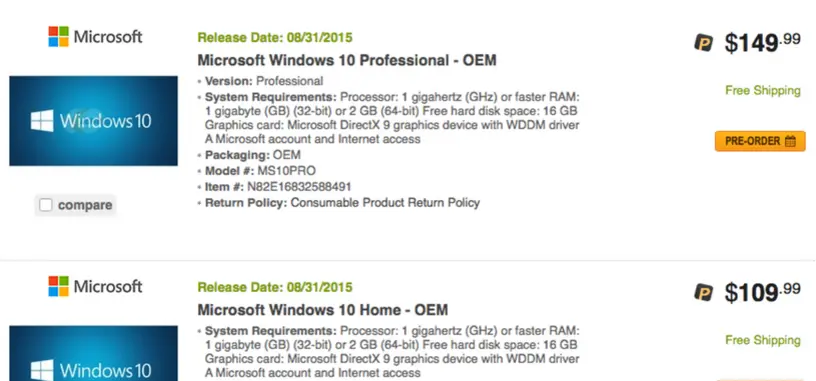La versión OEM de Windows 10 llegaría en agosto desde 109 $