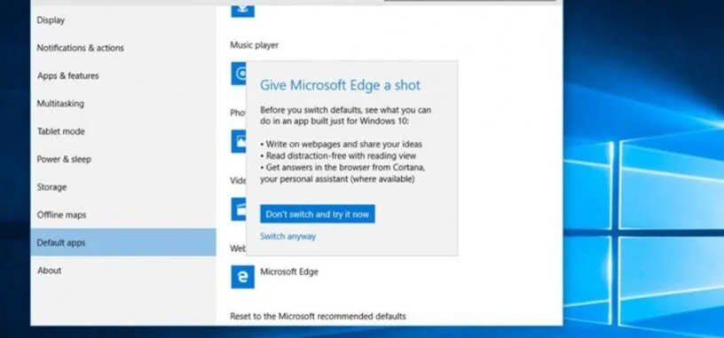 Windows 10 insistirá en que uses Edge en vez de Chrome como tu navegador por defecto